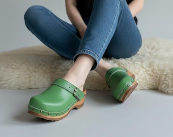 Green Leather Wooden Clogs for Women – Handmade Scandinavian Vintage Mules Slip On Nordic Style Artisan Footwear