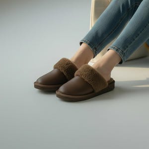Brown Leather Sheepskin Slippers – Cozy Wool Lined Scandinavian House Shoes