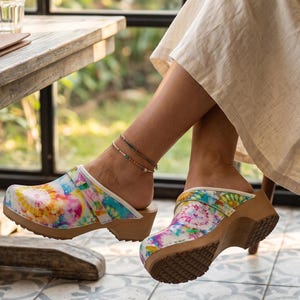 Floral Womens Clogs, Natural Leather with Wooden Sole for Comfort