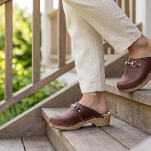 Sabots suédois pour femmes, mules à talons en cuir marron avec semelle en bois