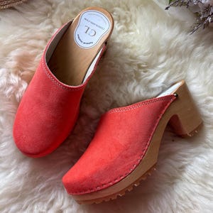 Orange Suede Wooden Clogs for Women – Handmade Heeled Clogs, Scandinavian Style, Comfortable Leather Mules