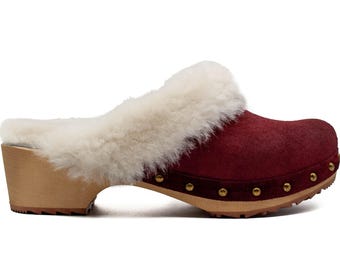 Handmade Red Sheepskin Leather Winter Clogs: Swedish Style