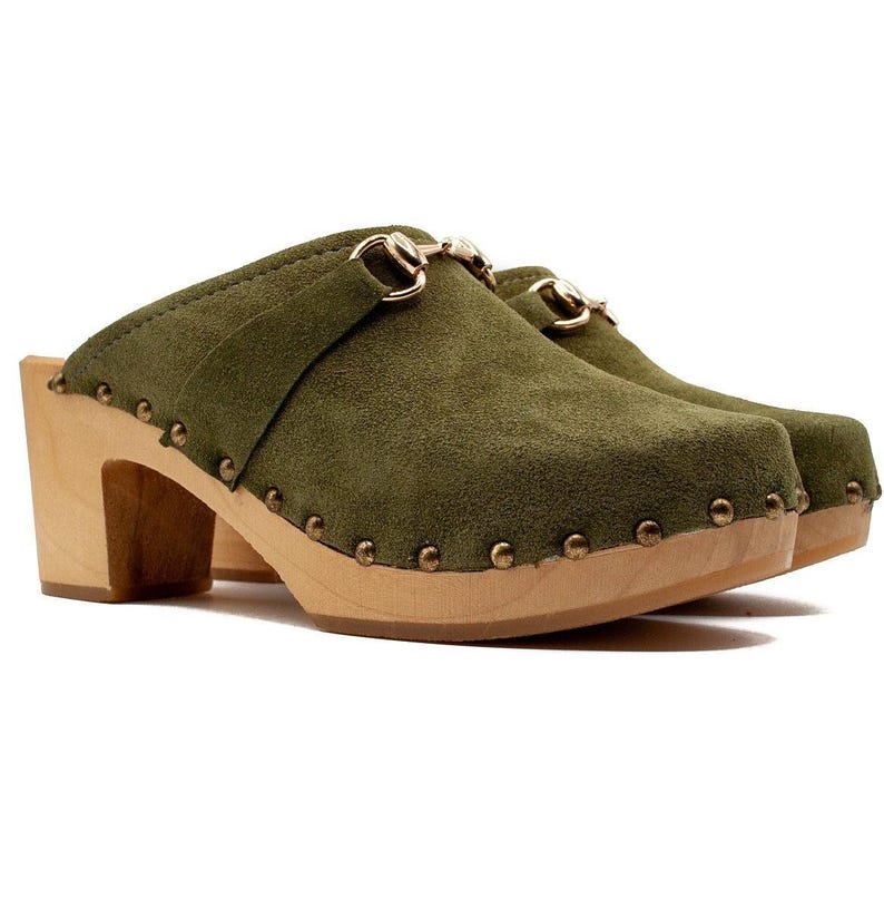 Green clogs with heel