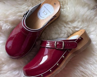 Red Swedish Clogs for Women: Handmade Wooden Platform Sandals