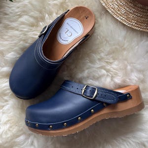 Dark Blue Vintage Leather Clogs for Women, Dark Blue Women's Wooden Mules, Vintage Style Shoes, Leather Clogs, Dark Blue Wooden Clogs