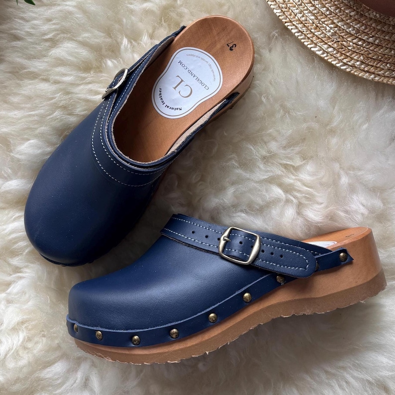 Dark Blue Vintage Leather Clogs for Women, Dark Blue Women's Wooden Mules, Vintage Style Shoes, Leather Clogs, Dark Blue Wooden Clogs