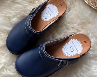 Vintage womens leather wooden sole garden clogs shoes, dark blue handcrafted footwear, retro style