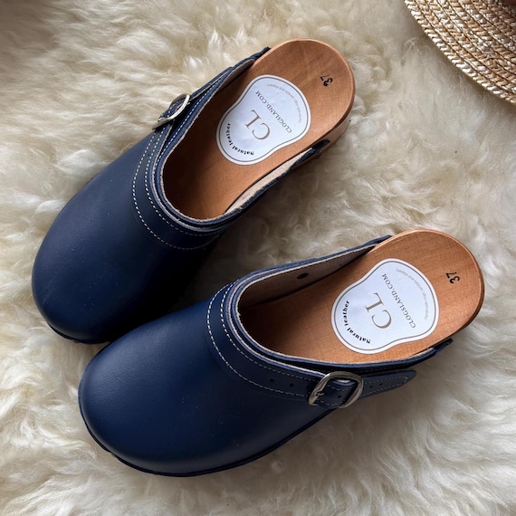 Vintage womens leather wooden sole garden clogs shoes, dark blue handcrafted footwear, retro style