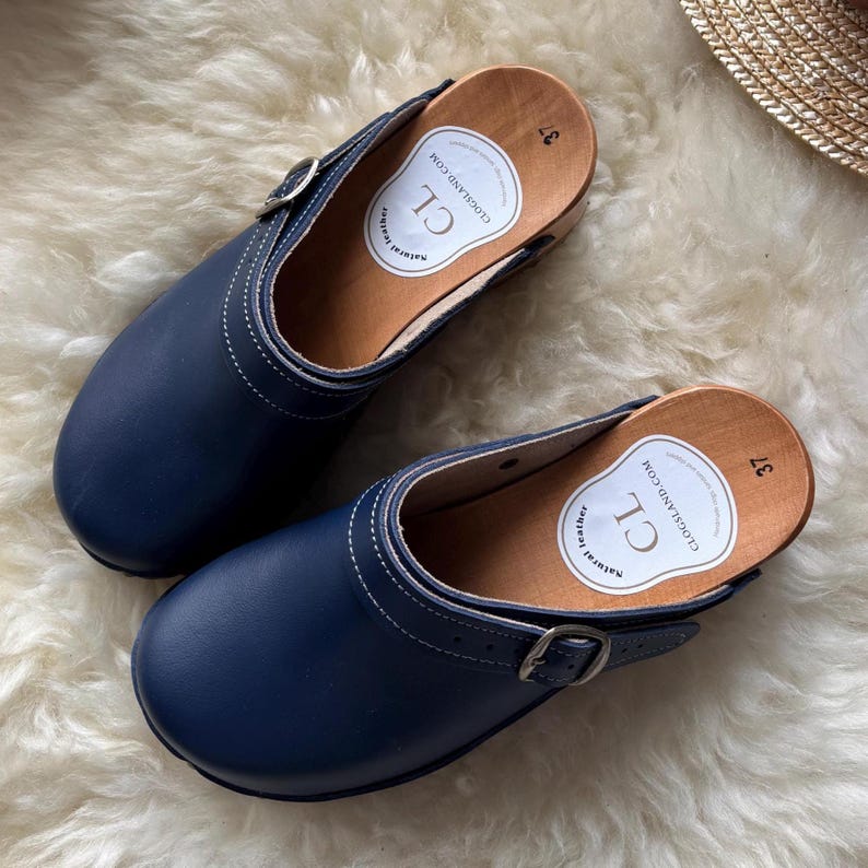 Dark Blue Vintage Leather Clogs for Women, Dark Blue Women's Wooden Mules, Vintage Style Shoes, Leather Clogs, Dark Blue Wooden Clogs