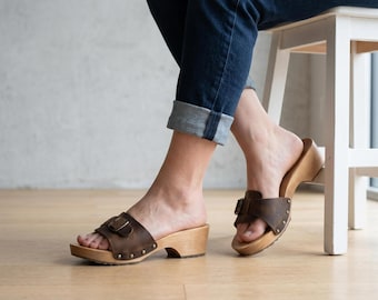 Vintage Wooden Clogs, Crazy Horse Leather Sandals with Studs