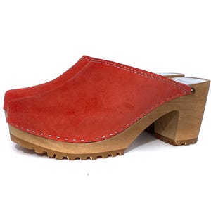 Orange Suede Wooden Clogs for Women – Handmade Heeled Clogs, Scandinavian Style, Comfortable Leather Mules