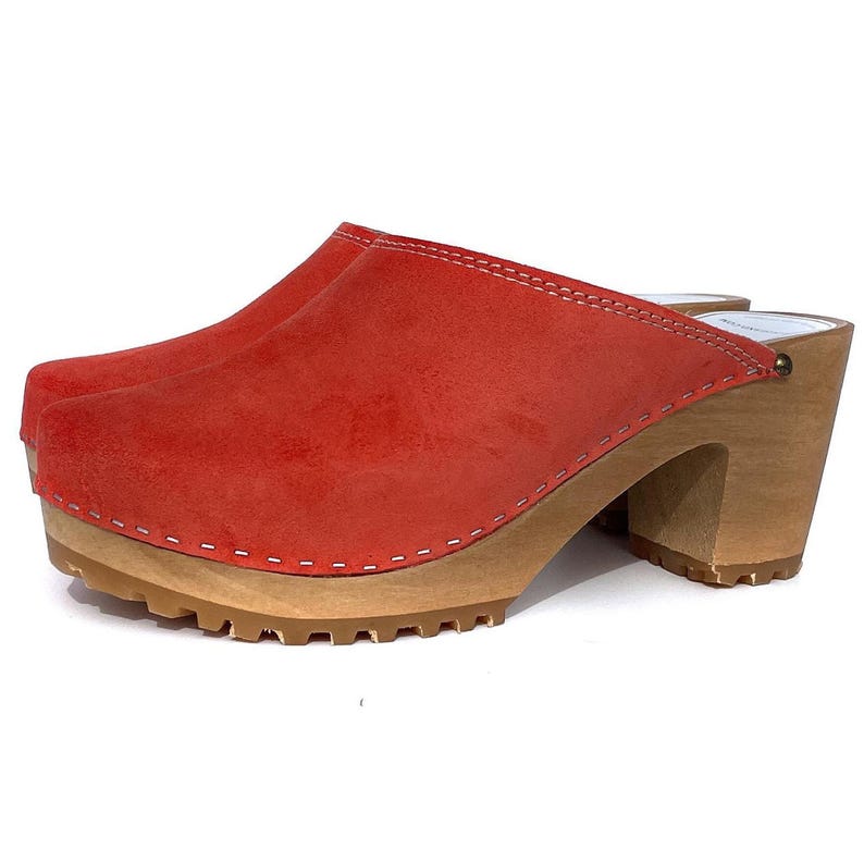 Orange Suede Wooden Clogs for Women – Handmade Heeled Clogs, Scandinavian Style, Comfortable Leather Mules