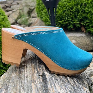 Blue Suede Wooden Clogs for Women – Handmade Heeled Clogs, Scandinavian Style, Comfortable Leather Mules