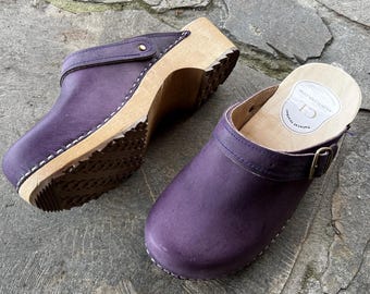 Classic Purple Nubuck Leather Clogs: Weird Wooden Shoes