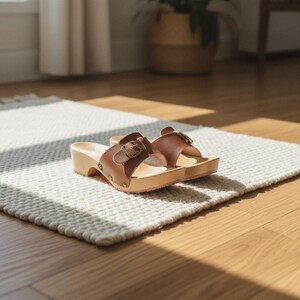 Brown Leather Clogs for Women | Wooden Slide-On Summer Sandals, Eco-Friendly Outdoor Footwear shown in an AI-generated listing photo