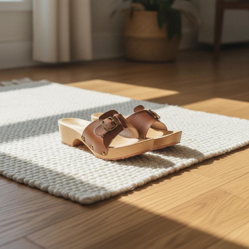 Brown Leather Clogs for Women | Wooden Slide-On Summer Sandals, Eco-Friendly Outdoor Footwear shown in an AI-generated listing photo