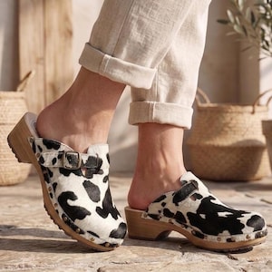 Cowhide Leather Clogs in Black and White, Wooden Sole and Adjustable Strap