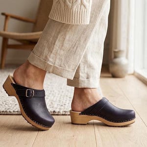 Zuecos de piel nobuk, modelo Purple Alder Wood Shoes con tiras en el tobillo, tallas EU 35–47