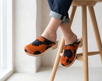 Cow Print Leather Clogs with Wooden Sole, Cozy Slip-On Footwear
