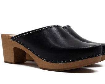 Handmade Black Leather Clog Sandals: Swedish Wooden Heel Shoes