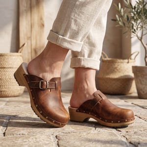Brown Clogs, Vintage Leather with Wooden Sole and Adjustable Strap