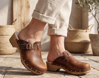 Brown Clogs, Vintage Leather with Wooden Sole and Adjustable Strap