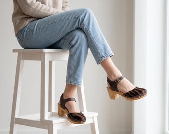 Cowhide Clogs with Crazy Horse Leather Ankle Strap, High Heel Wooden Mules