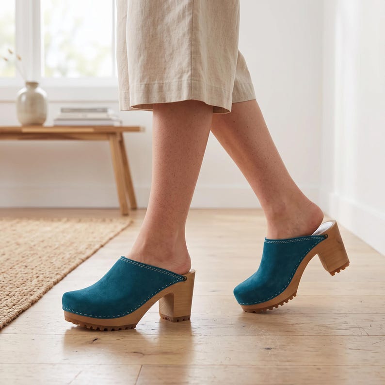 Blue Suede Wooden Clogs for Women – Handmade Heeled Clogs, Scandinavian Style, Comfortable Leather Mules image 5