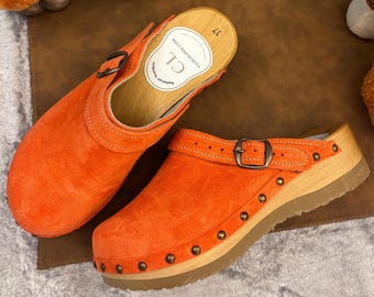 Handmade Orange Leather Clogs Shoes Sfor Women, Vintage Wooden Mules, Casual and Everyday Wear