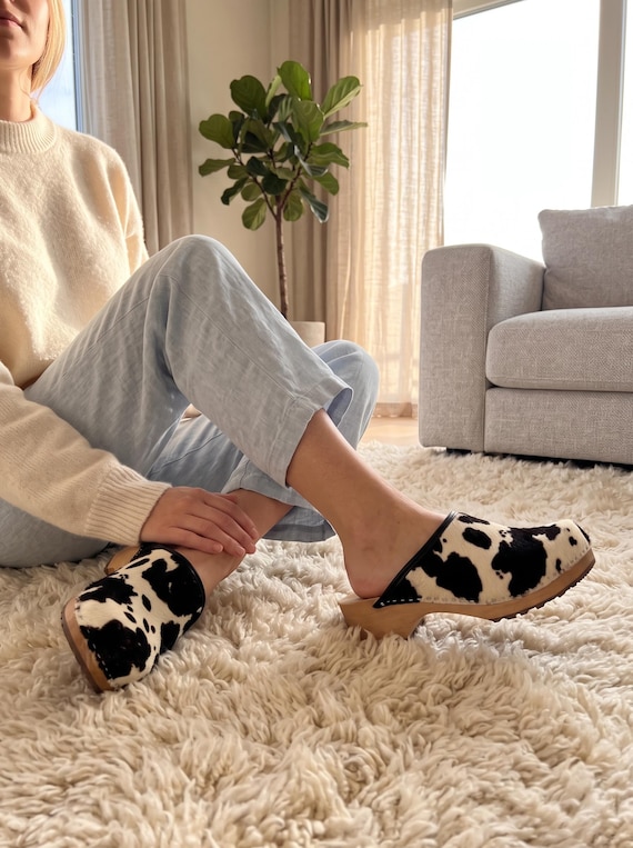 Cow Leather Clogs Shoes with cowhide in black and white, womens wooden mules