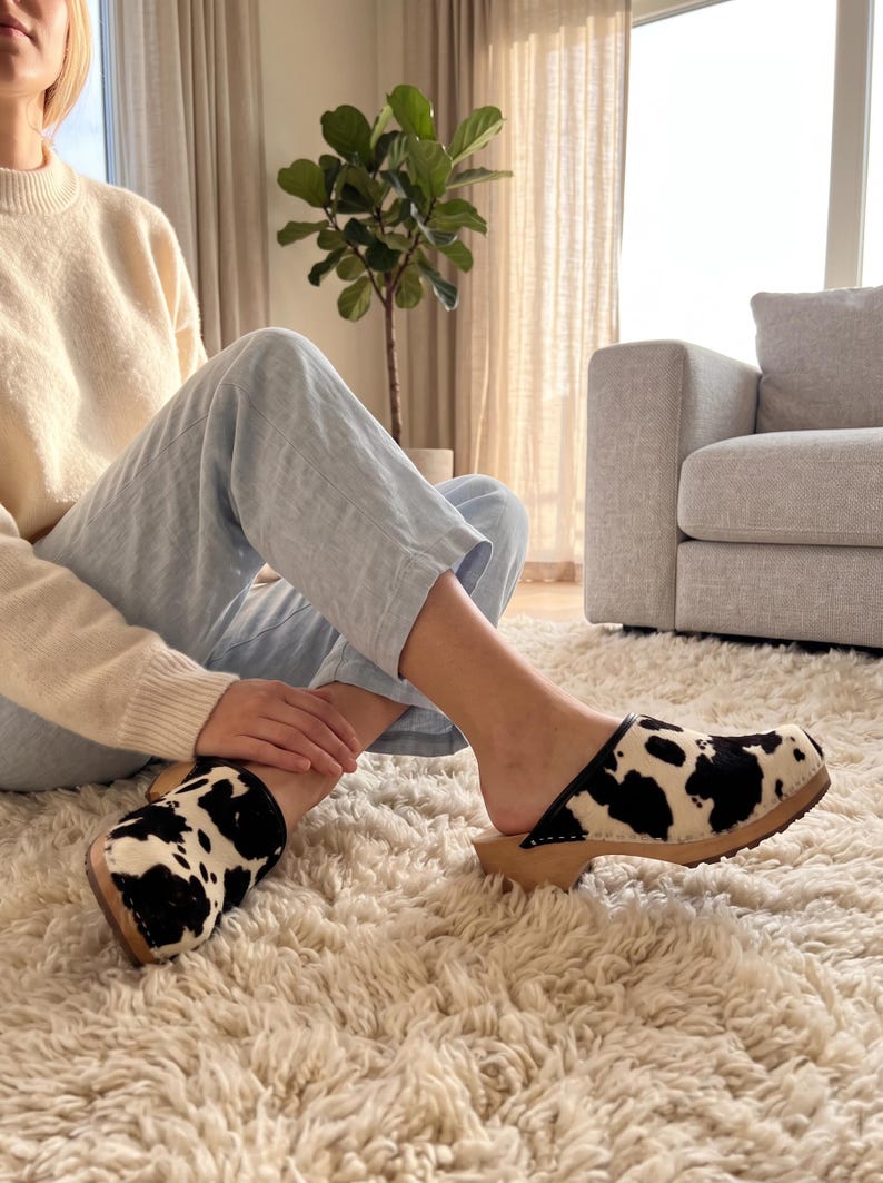Cow Leather Clogs Shoes with cowhide in black and white, womens wooden mules