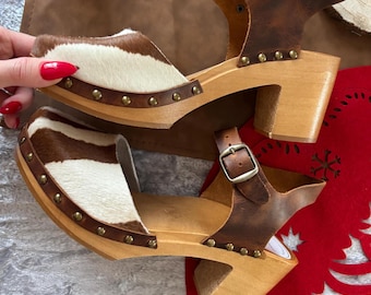 Handmade High Heel Cowhide Clogs with Crazy Horse Strap
