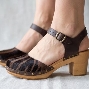 Handmade Cowhide Leather Clogs | High Heel Wooden Mules, Boho Chic