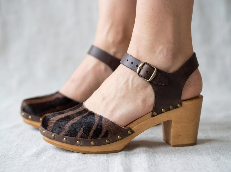 Handmade Cowhide Leather Clogs | High Heel Wooden Mules, Boho Chic