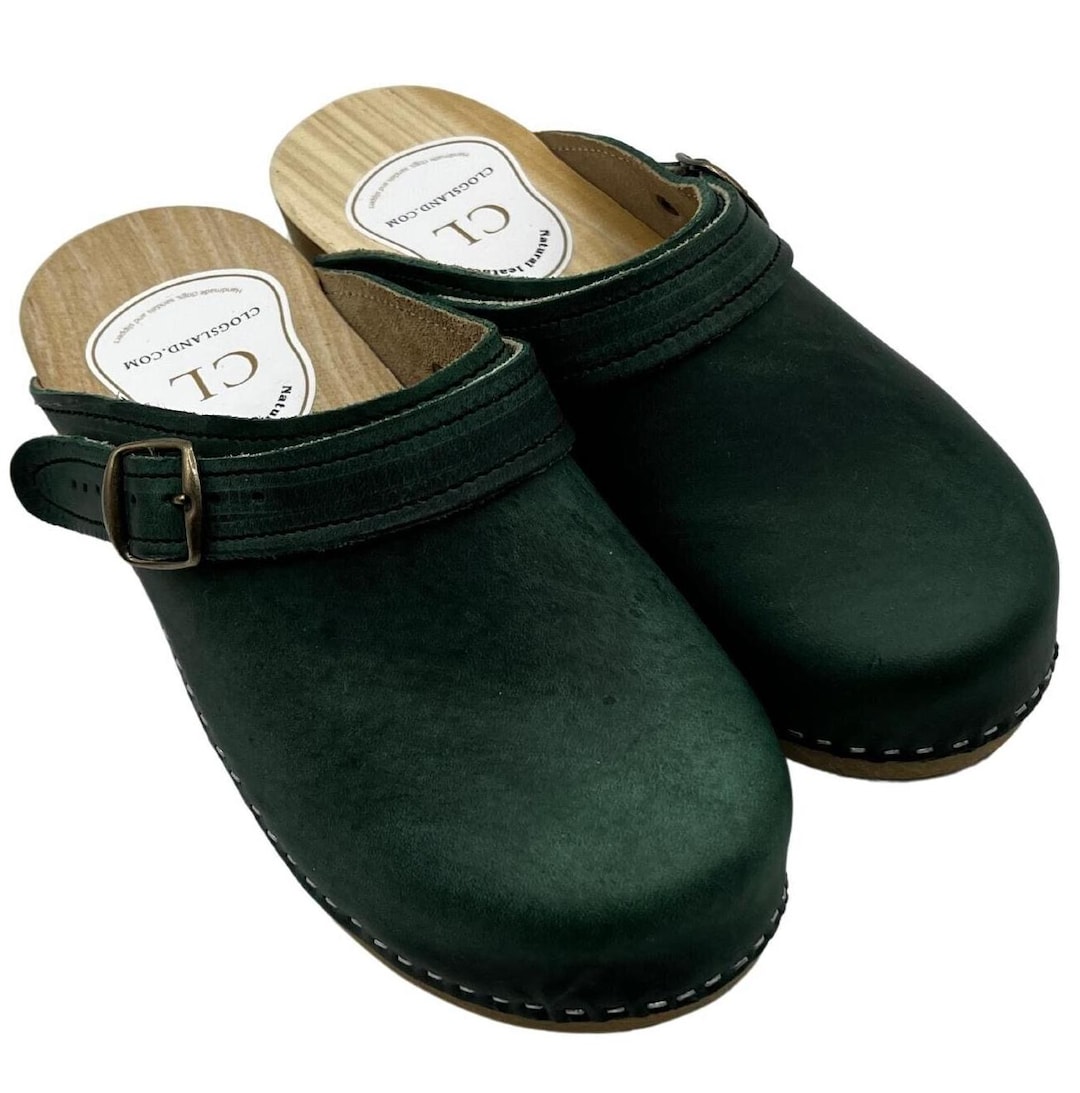 Vintage Green Leather Clogs: Swedish Wooden Shoes With Buckle - Etsy