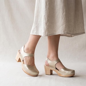 Handmade Gold Leather Clogs, Swedish Wooden Heel Sandals with Ankle Strap