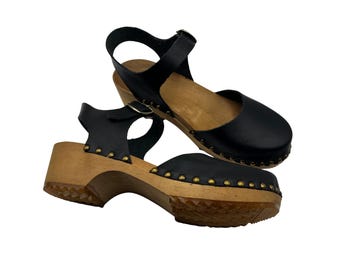 Handmade Black Nubuck Clogs: Studded Wooden Summer Sandals