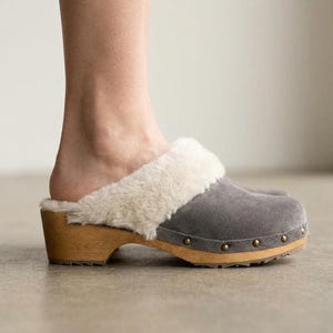 Sheepskin Clogs, Grey Suede With Trim and Wooden Sole