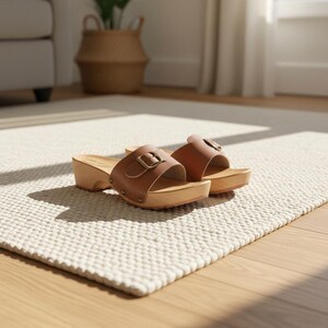 Brown Leather Clogs for Women | Wooden Slide-On Summer Sandals, Eco-Friendly Outdoor Footwear shown in an AI-generated listing photo