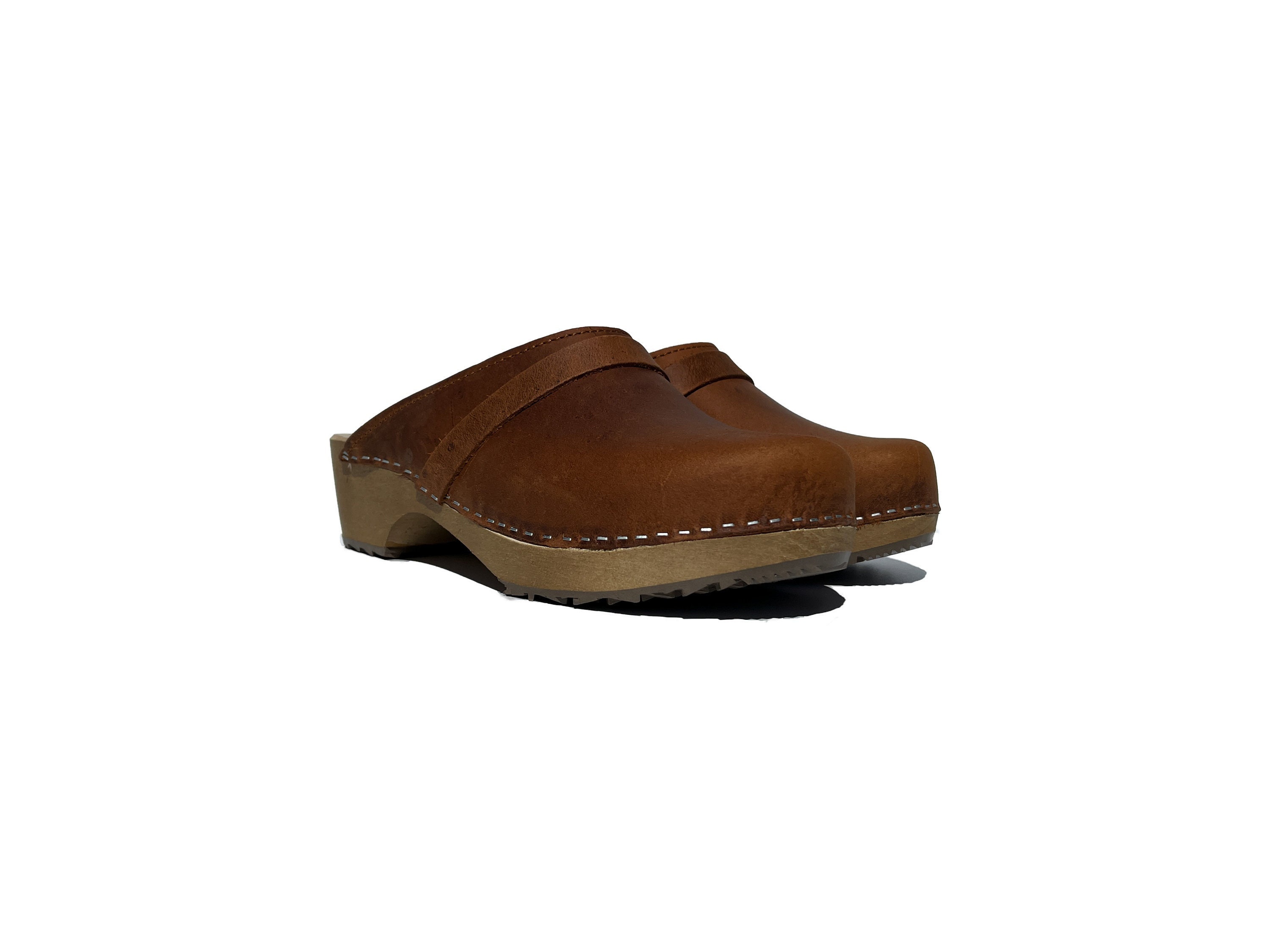 Vintage Style Mens Clogs: Brown Leather Wooden Mules - Etsy display picture 2