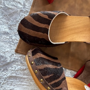 Black and Brown Cowhide High Heel Clogs: Crazy Horse Leather Ankle Strap, Wooden Sole