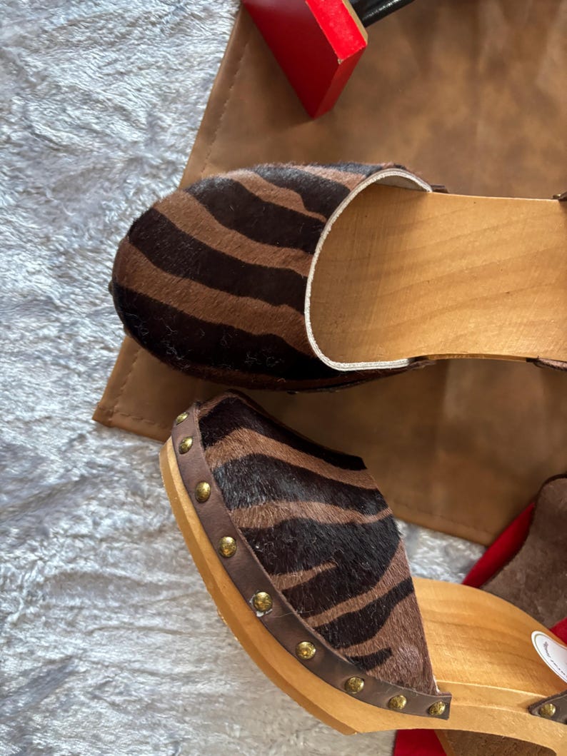 Black and Brown Cowhide High Heel Clogs: Crazy Horse Leather Ankle Strap, Wooden Sole