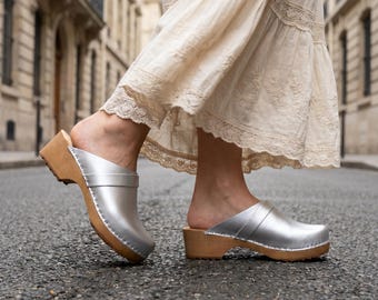Silver Clogs for Women, Genuine Leather with 5 cm Heel