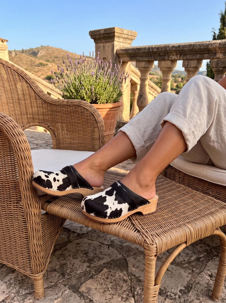 Cow Leather Clogs Shoes with cowhide in black and white, womens wooden mules