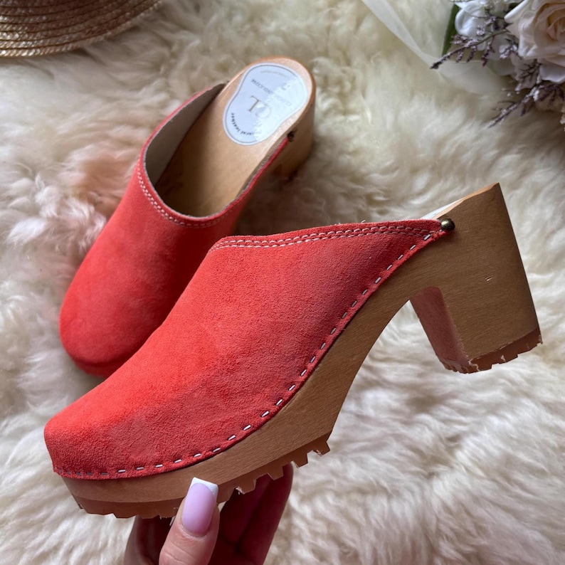 Orange Suede Wooden Clogs for Women – Handmade Heeled Clogs, Scandinavian Style, Comfortable Leather Mules