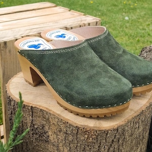 Handmade Clogs in Olive Leather with Swedish Wooden Heel