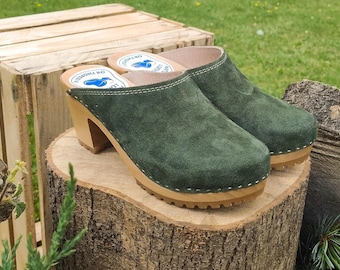 Handmade Clogs in Olive Leather with Swedish Wooden Heel