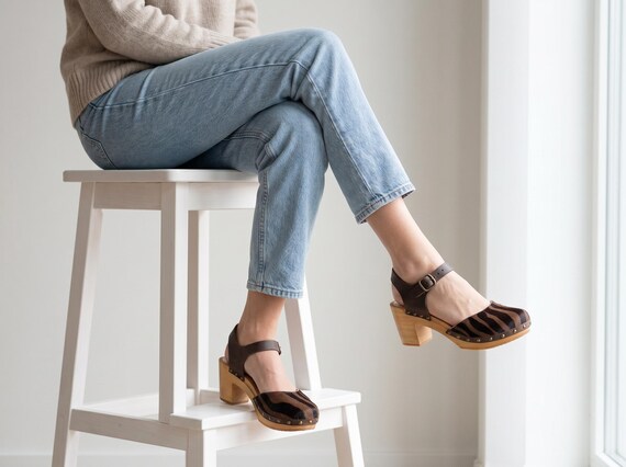 Handmade Cowhide Leather Clogs | High Heel Wooden Mules, Boho Chic