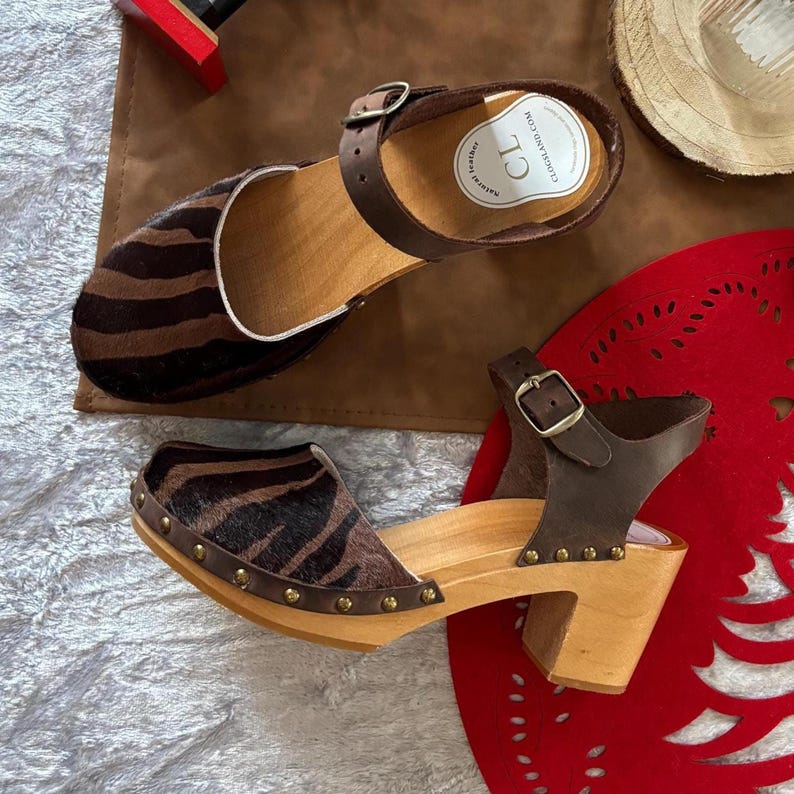 Black and Brown Cowhide High Heel Clogs: Crazy Horse Leather Ankle Strap, Wooden Sole