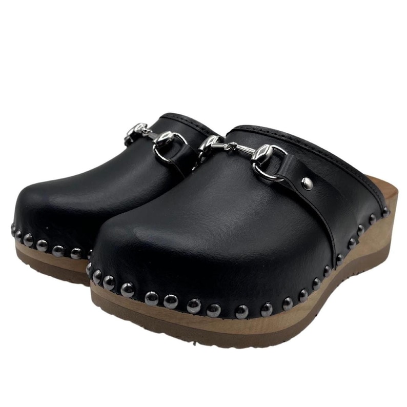 Black Leather Platform Clogs for Women with Decorative Bracelet | Handmade Wooden Mules | Clogsland